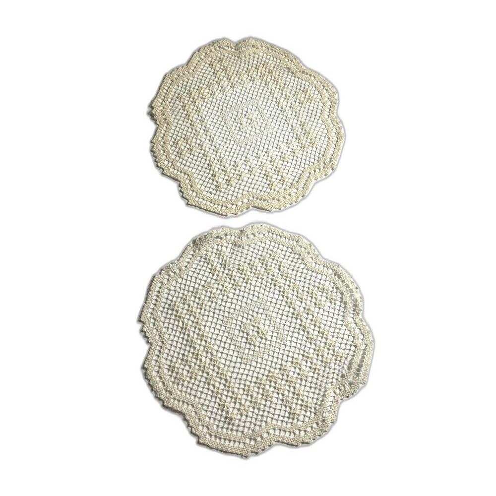 2 Antique Crochet Ivory Handmade 10.5" Cottagegore Vintage Table Decor Delicate